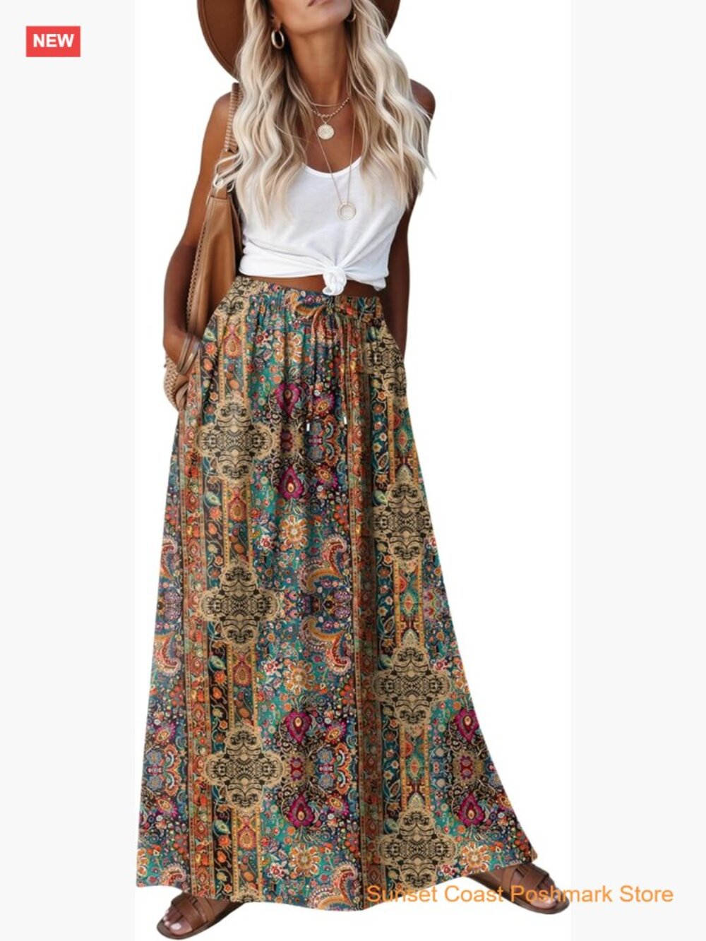 Boho Floral Maxi Skirt Elastic High Waist Flowy A Line Long Skirt with Pockets